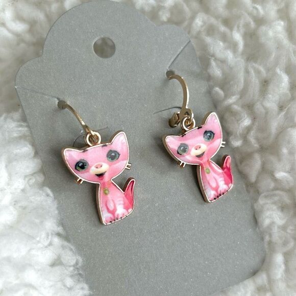 3/$15 Yellow Gold Pink Happy Kitty Cat Dangle Earrings - Picture 2 of 4